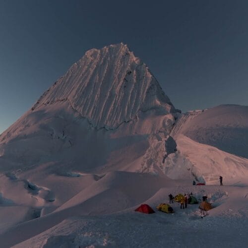 Mountaineers attempting the Alpamayo summit at 5,947 m in Peru