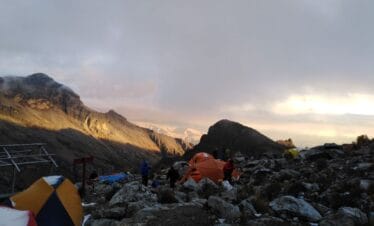 Moraine camp during Vallunaraju mountaineering climb