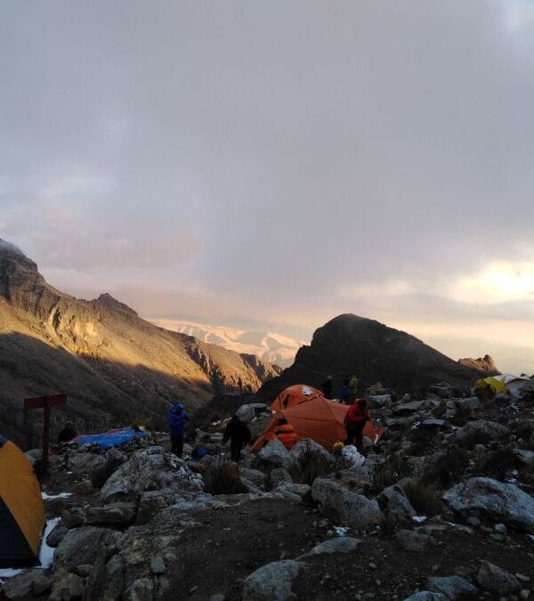 Moraine camp during Vallunaraju mountaineering climb