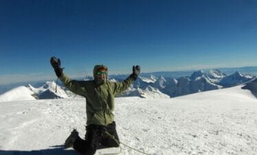 Summit push on Huascaran Sur at sunrise