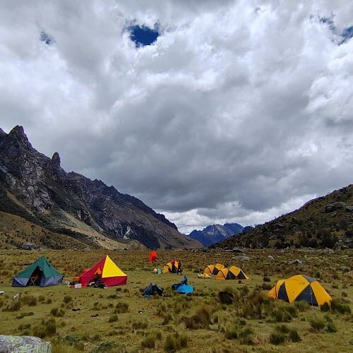 Trekkers approaching Punta Union Pass on the Alpamayo Trek Peru