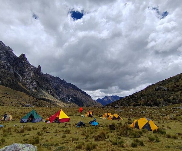 Trekkers approaching Punta Union Pass on the Alpamayo Trek Peru
