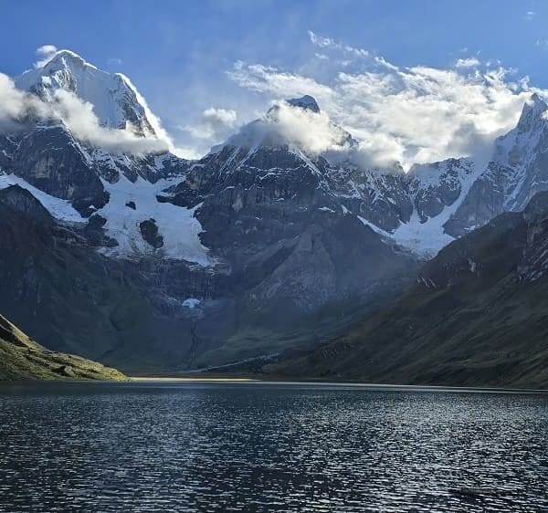 Carhuacocha Lake scenery on the Short Huayhuash Trek