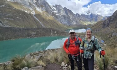 Hikers ascending Siula Pass on the Short Huayhuash Trek