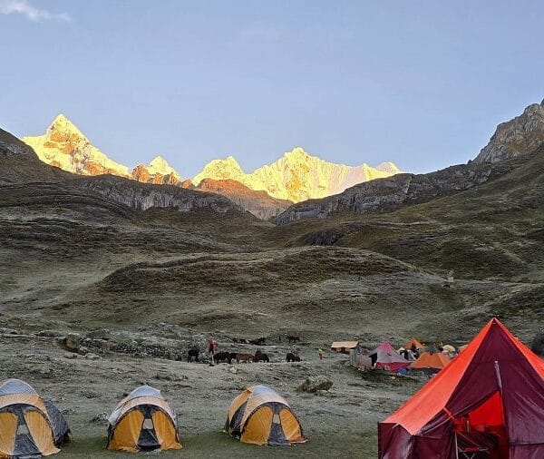 Sunset view over Jahuacocha Lake during the Huayhuash Trek Classic in the Cordillera Huayhuash