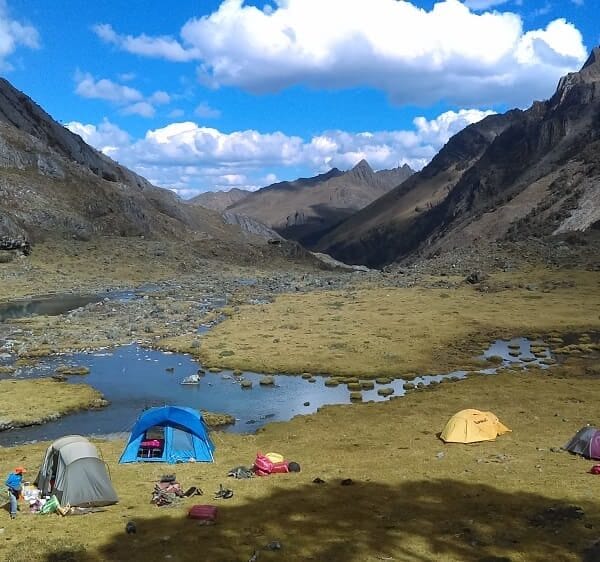 Trekkers crossing Yanashallash Pass on the Olleros to Chavin route