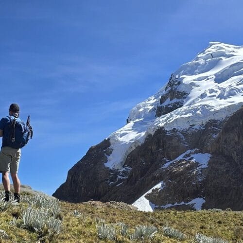 Trekkers at Cuyoc Pass at 16,404 ft in the Cordillera Huayhuash