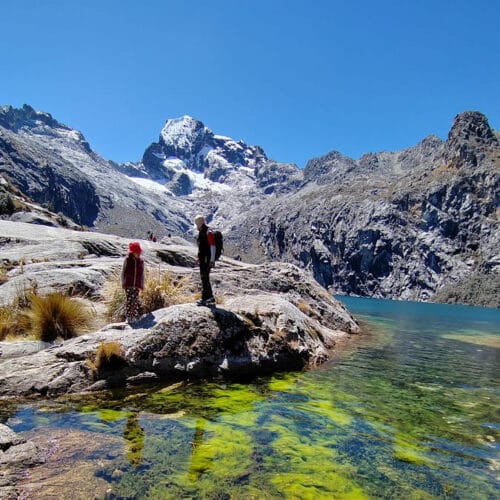 Turquoise Laguna Churup alpine lake beneath Nevado Churup