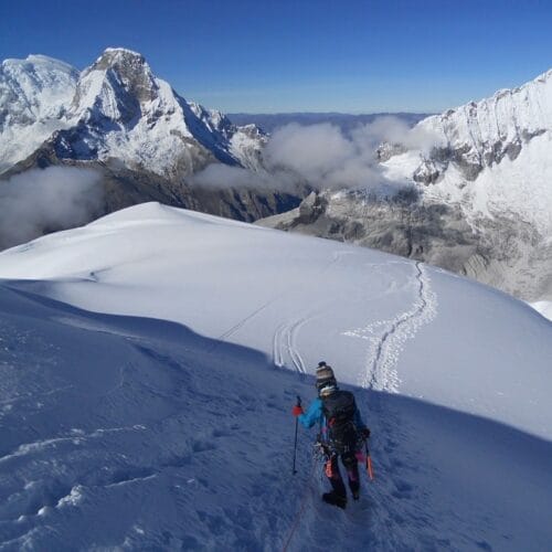 Pisco Mountain Climbing expedition in the Cordillera Blanca with climbers approaching the glacier