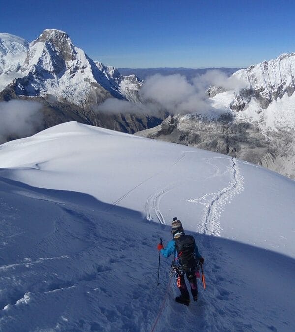 Pisco Mountain Climbing expedition in the Cordillera Blanca with climbers approaching the glacier