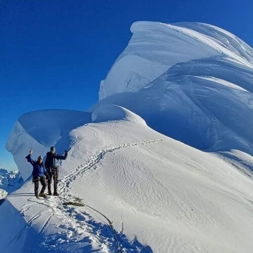 Climbers ascending the Chopicalqui Southwest Ridge in Peru