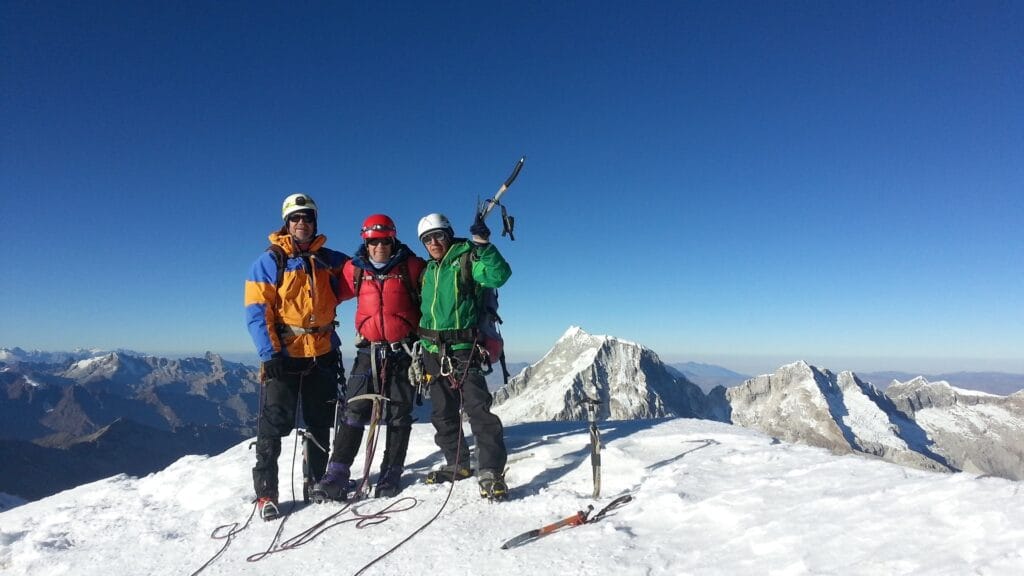 Technical mountaineering on Tocllaraju Mountain in Peru