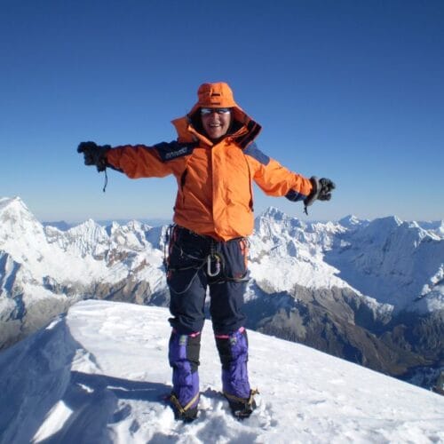 Chopicalqui 6354m climbing expedition with roped mountaineers on glacier terrain