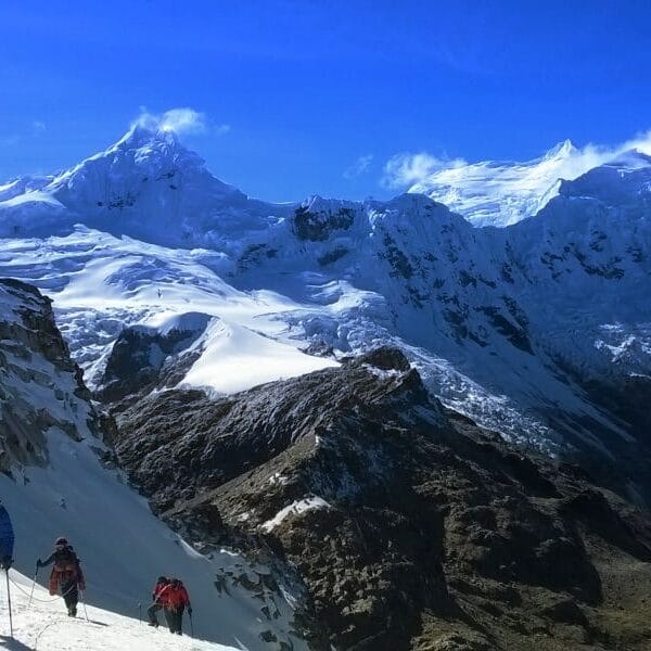 Ishinca Urus Tocllaraju expedition with climbers approaching the glacier