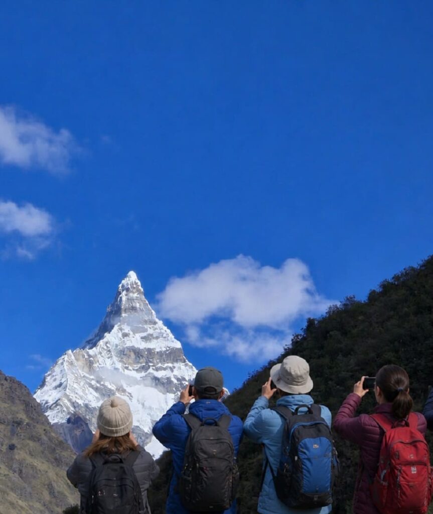 Mountain camp surrounded by glaciers in the Cordillera Blanca
