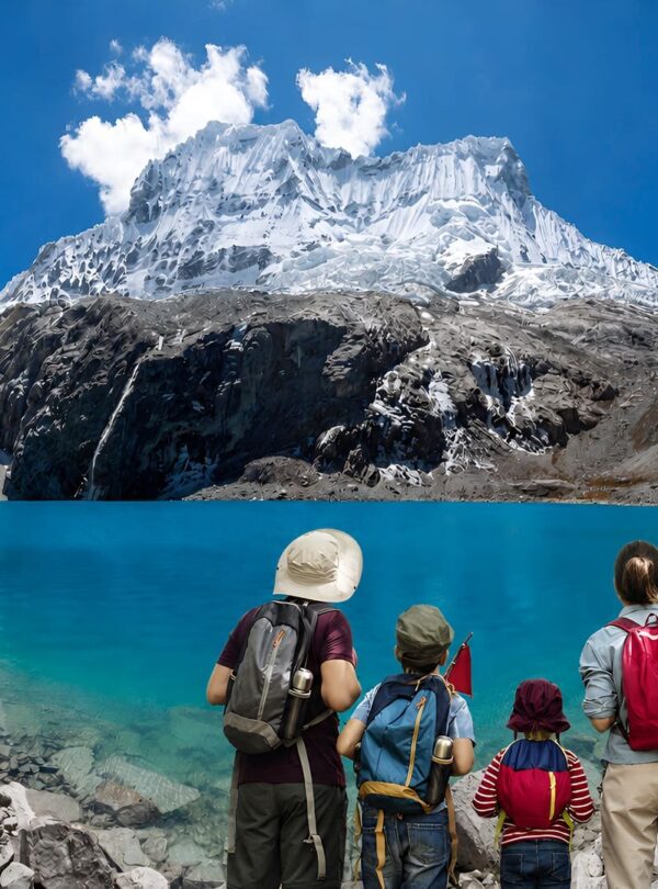 Snow covered peaks of the Cordillera Blanca above an Andean valley