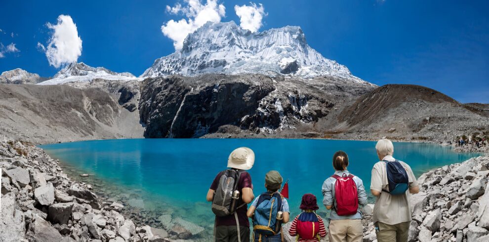 Snow covered peaks of the Cordillera Blanca above an Andean valley
